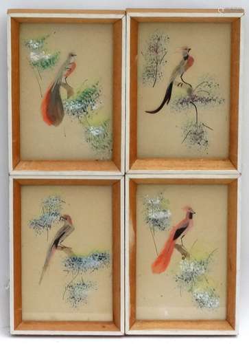 Antique Feather Folkart : a set of 4 pictures of birds with hand painted foliage Each 4 3/4 x 3