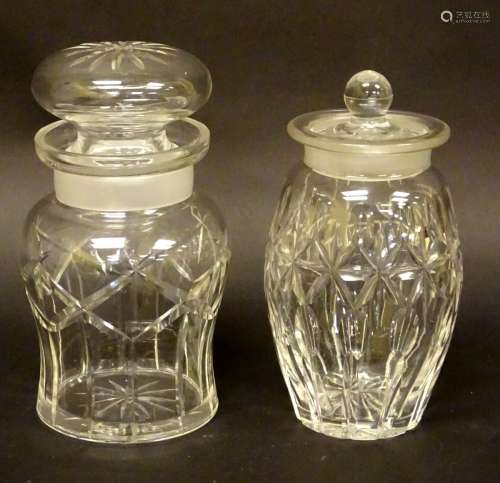 A pair of early 20thC cut glass pickle jars.