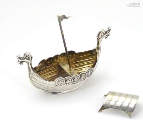 Scandinavian Silver : A Norwegian silver miniature model of a Viking longboat.