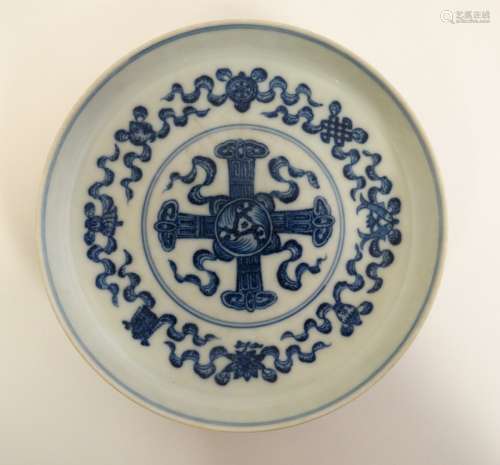 A Chinese blue and white dish on small pedestal base, decorated with the symbols of the 8 immortals,