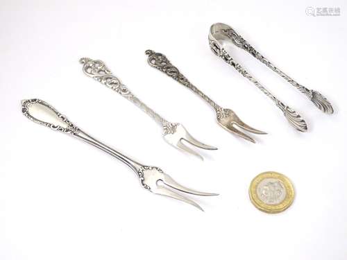 Scandinavian Silver : Four Norwegian silver (.830) items comprising sugar tongs and forks.