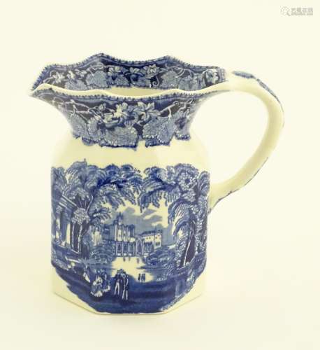 A Mason's blue and white octagonal baluster jug with a frilled rim decorated with the 'Vista'