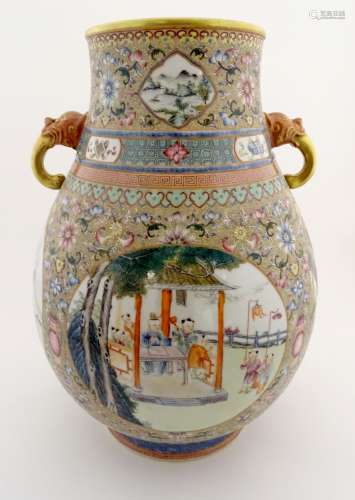 A large Chinese famille rose 'Niutou Zuo' twin handled vase,