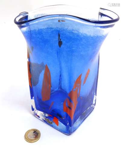 Scandinavian Studio Art glass: A blue squared vase with frilled rim and red detail by Stockholms