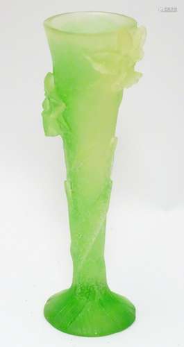 Daum France : a pate de verre Art Glass vase in emerald glass with pale citron highlights having