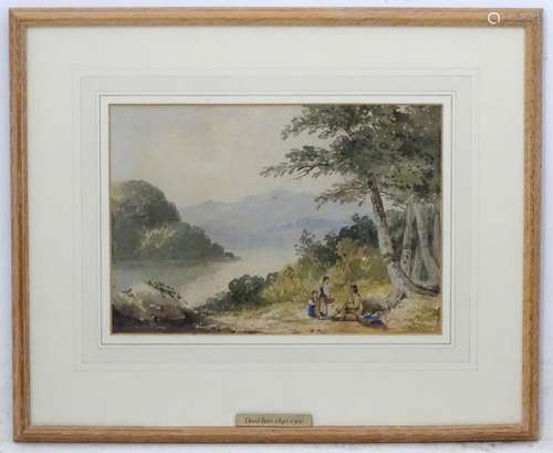 Circle of David Bates (1840-1900), Watercolour, Figures by a loch, Labelled under.