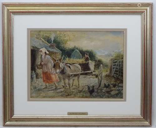 Jan Hirdmun (Dutch) 1873, Watercolour and gouache, Figures donkey and cart in a farm yard,