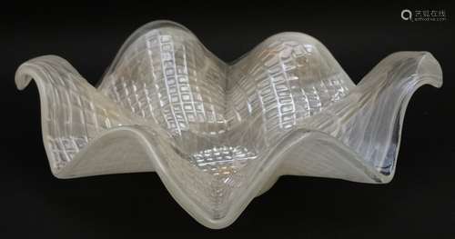 Italian Art Glass : A glass dish with flared rim and lattice decoration.