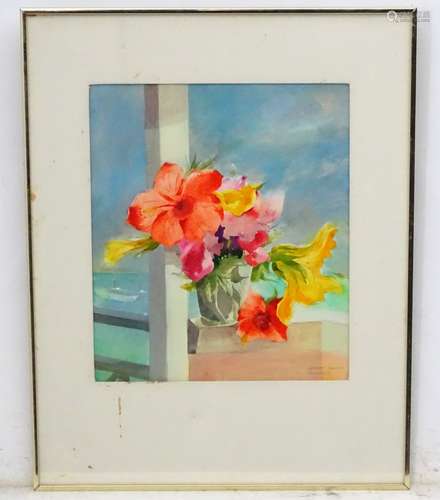 George Plante (1914-1995), Watercolour, 'Bahamas', Caribbean Native flowers in a vase on a ledge,