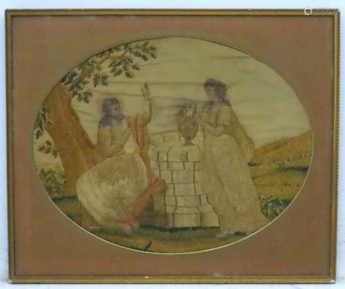 18 / 19 thC silk an oval, Photine the Samaritan woman at the well ,