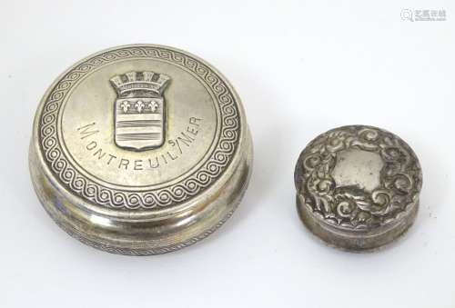 A silver pill box hallmarked Birmingham 1898 12 diameter together with a French silver souvenir pot