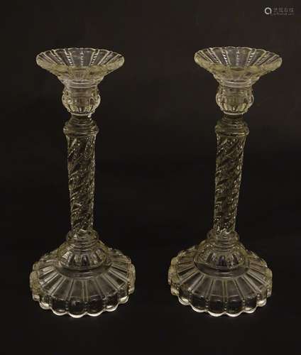 A pair of moulded glass candlesticks, approx.