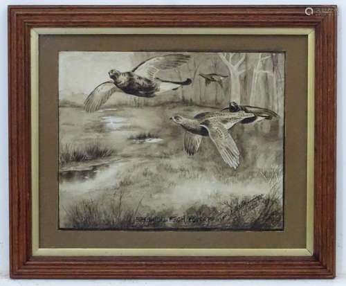 Cecil B Skinner XIX-XX, Grisaille watercolour and gouache, 'Breaking from Covert,