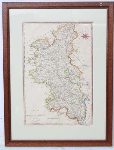 Local Interest: A framed hand coloured map of the county of Buckinghamshire, engraved by J.