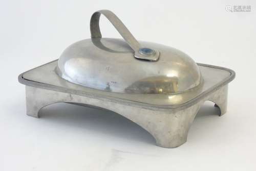 Arts and Crafts Pewter warming / entree dish and cover with oval cabochon decoration,