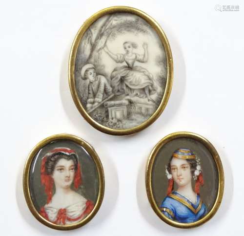 (3) Miniatures : An early XIX Grisalle Rococo oval on ivory, Depicting a girl on a swing and a boy ,