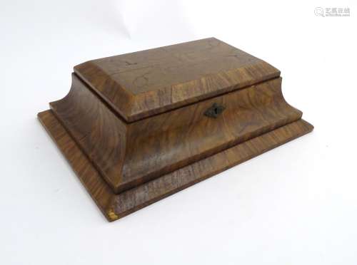 A 19thC walnut jewellery box with quarter mirrored veneer and having plush silk lining 13 1/2
