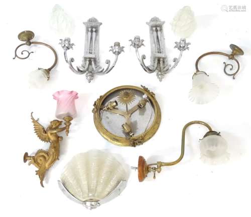 Lamps : assorted Victorian and Art Deco lights , to include a gilt decorated winged mermaid ,