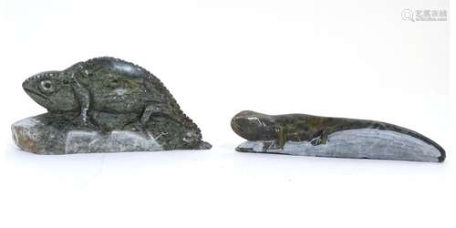 An oriental carved soapstone figure of a lizard / chameleon and another of a gecko lizard.