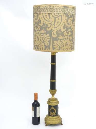 A tall French Empire Style Side / table lamp with shade of dark marbled green and ormolou