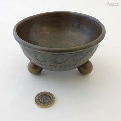 Danish Art Nouveau : A bronze half sphere bowl marked under ' Otto Benzon London 1894' with three