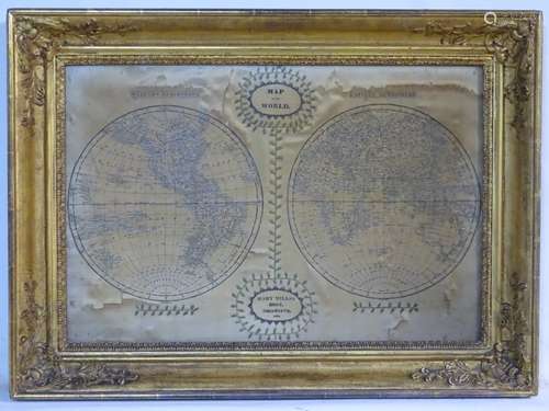 A framed silk embroidery double hemisphere map of the world by Mary Mills, 1823. Approx.