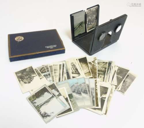 A folding stereoscopic viewer, together with a collection of photographic cards,