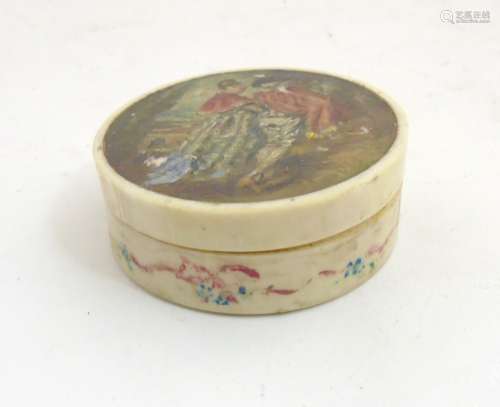 18thC Ivory Patch Box : a hand painted circular lidded dressing table box with image to top of a