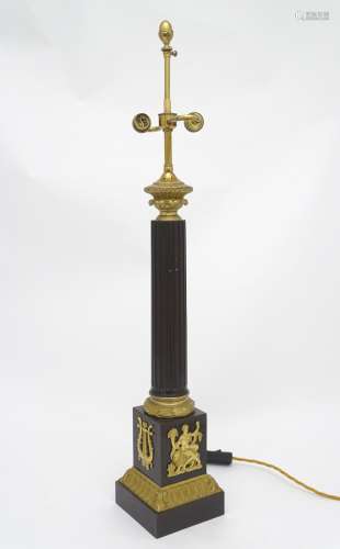 A French Empire Style bronze and ormolou 2 branch column table / side lamp with harp and figural