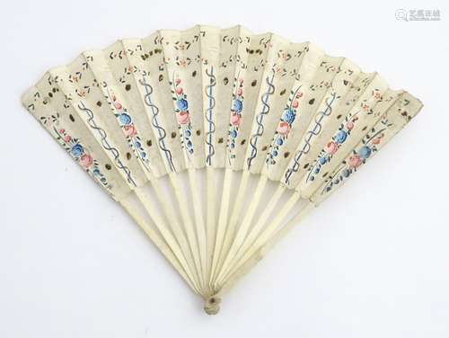 A Victorian cream paper lace, hand painted pierced fan with 13 bone sticks.