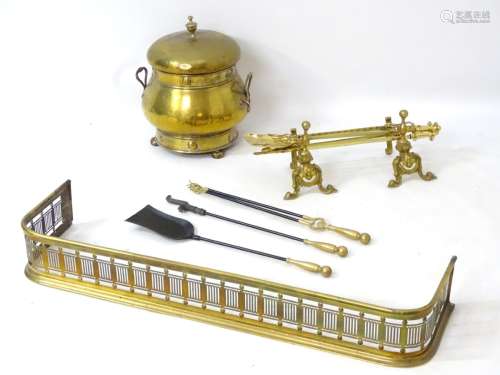 A 19thC lidded coal / ash pot with accompanying pierced brass fender and fire tools.