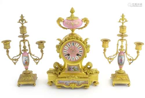 French Sevres Porcelain and ormolu clock : a hand painted ormolu Clock and Garnitures ,