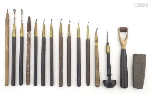 Assorted engravers tools, to include various examples, including makers such as Gebr.