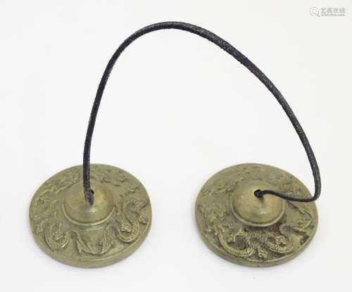 Tibetan meditation bells : a pair of bronze Tsingsha Buddhist Cymbal bells ,