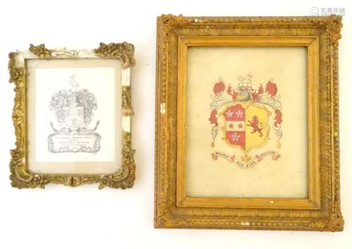 A framed engraving of a coat of arms, approx.