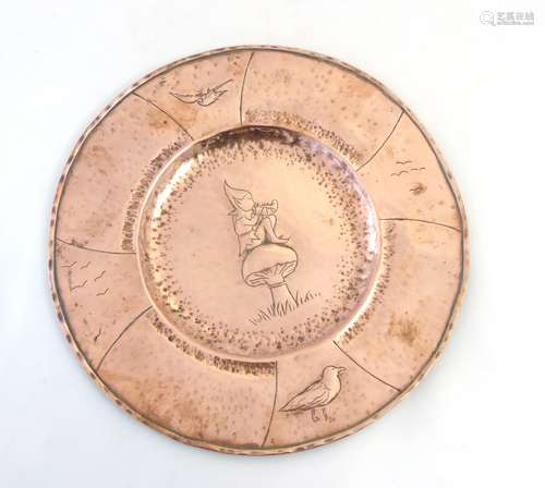 A copper small charger / visiting card tray with sgraffito and punched decoration depicting