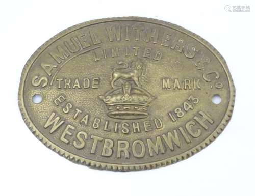 A 19thC safe plaque - embossed brass. Marked Samuel Withers & Co. West Bromwich etc 5 1/2