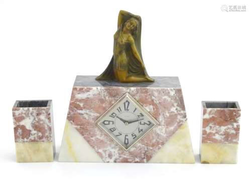 Art Deco Clock and Garnitures : a French clock ( timepiece ) set of pink and white marble