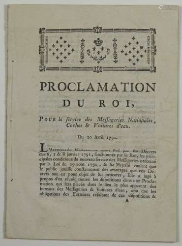 (COCHES & VOITURES D'EAU. 1791) «Proclamation du R...