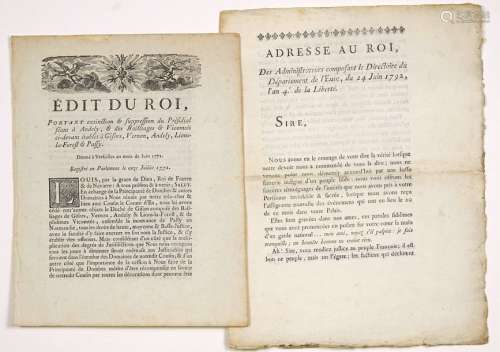 EURE. 2 Imprimés: «Édit du ROI (Louis XV), portant...