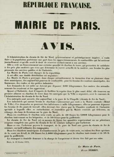 (COMMUNE DE PARIS. 1871) «MAIRIE DE PARIS». AVIS d...