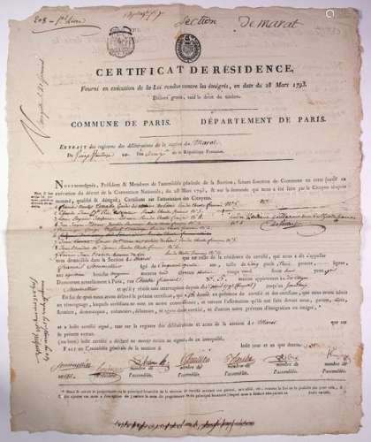 PARIS. SECTION DE MARAT. 1793 Certificat de Réside...