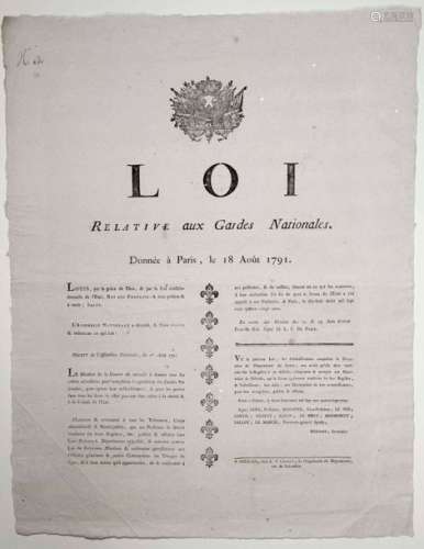 LOIRET. 1791. «LOI relative aux GARDES NATIONALES....