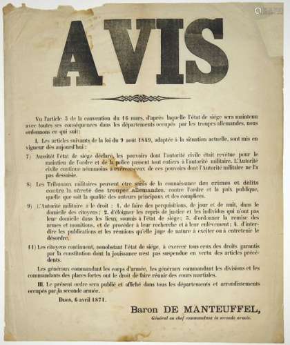 DIJON (CÔTE D'OR) 6 Avril 1871. AVIS du Baron DE M...