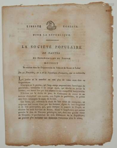 (AIN. NANTUA. 1794) Lettre Imprimée de la SOCIÉTÉ ...