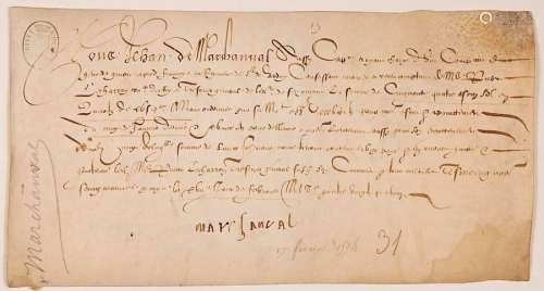 1594. Pièce Signée Jehan de MARCHANVAL Capitaine e...