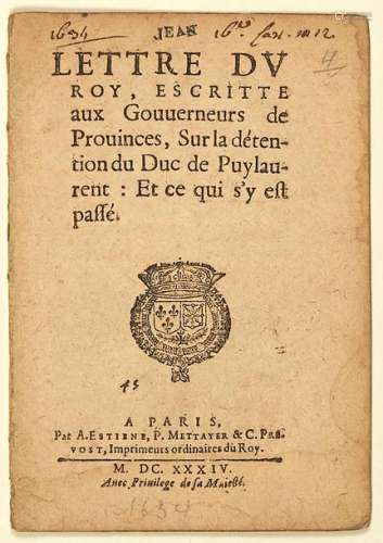 1634. Duc de PUYLAURENS. «LETTRE DU ROY (LOUIS XII...