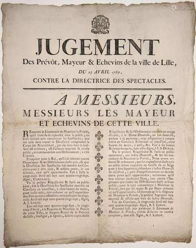 LILLE (NORD) 1787. CENSURE. Placard (52 x 42). «JU...