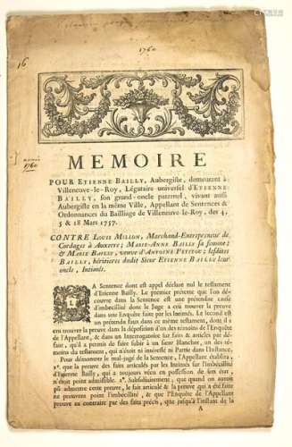 VILLENEUVE LE ROI (VAL DE MARNE). 1760. «Mémoire p...