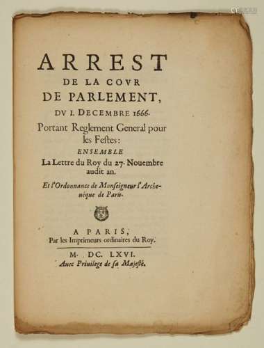 LES FÊTES DU DIOCÈSE DE PARIS. 1666. «Arrest de la...